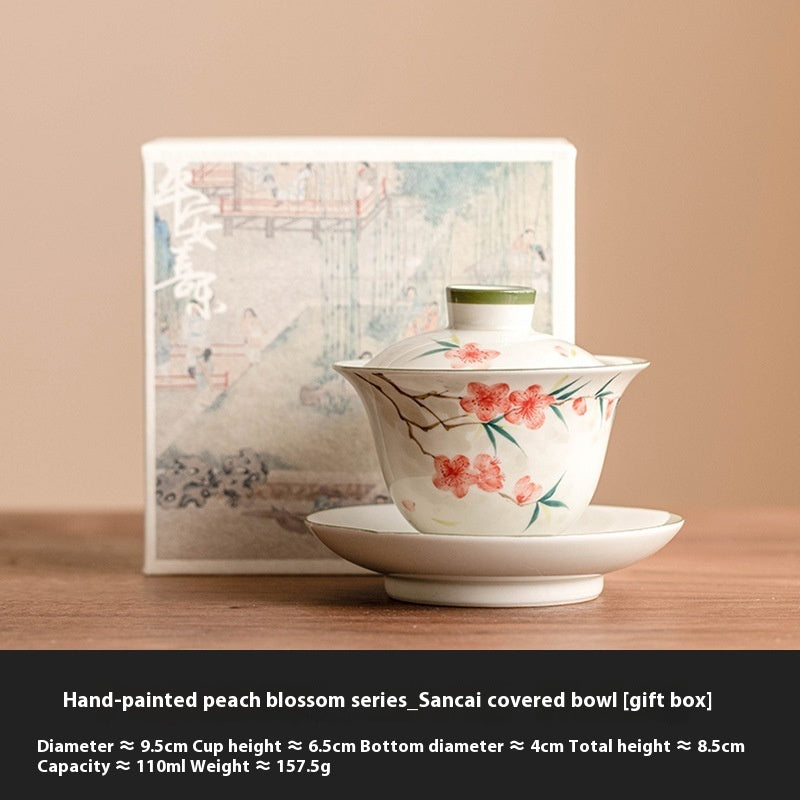 Hand Painted Peach Blossom Sancai Gaiwan Tea Cup
