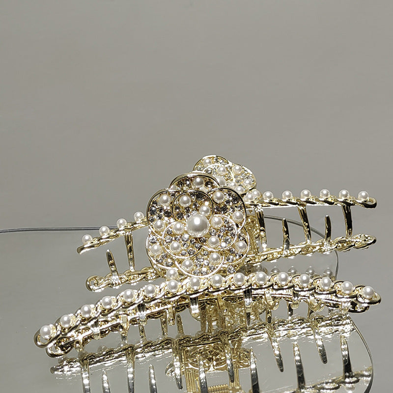 Metal Pearl And Diamond Camellia Shark Clip