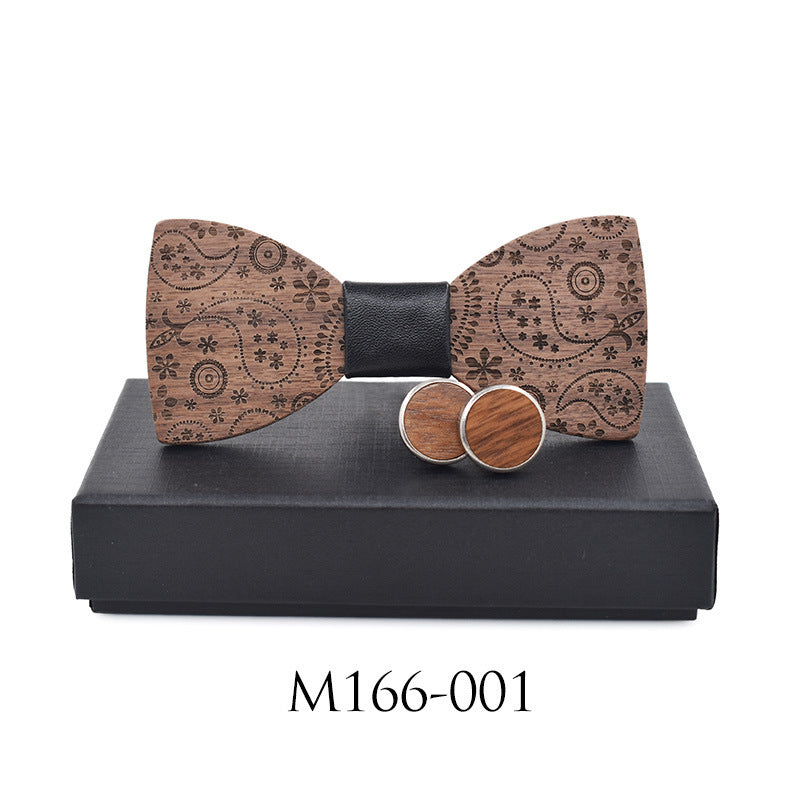 Paisley Carved Party Wood Bow Tie Cufflinks Set