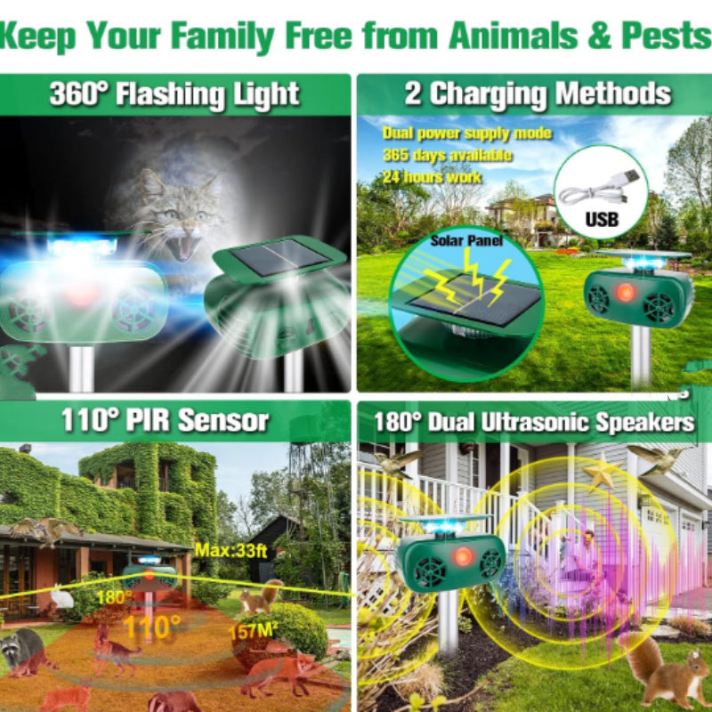 Solar-powered Animal Repeller 360 Degrees Strobe Light Bird Ultrasonic Mouse Expeller