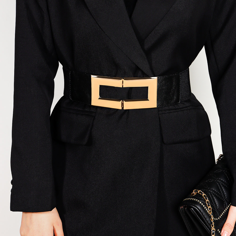 Ceinture décontractée multicolore pour femme à tempérament simple avec large ceinture élastique et boucle carrée en métal pour veste de costume ou robe