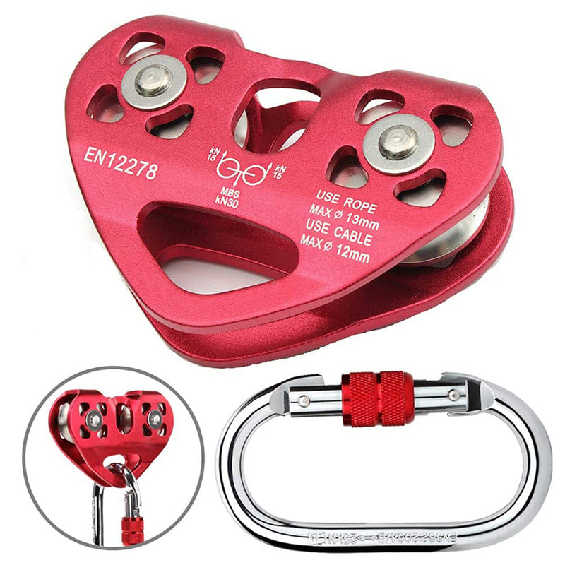Heart Shaped Rock Climbing Double Shaft Pulley O-Shaped Threaded Steel Lock Rope