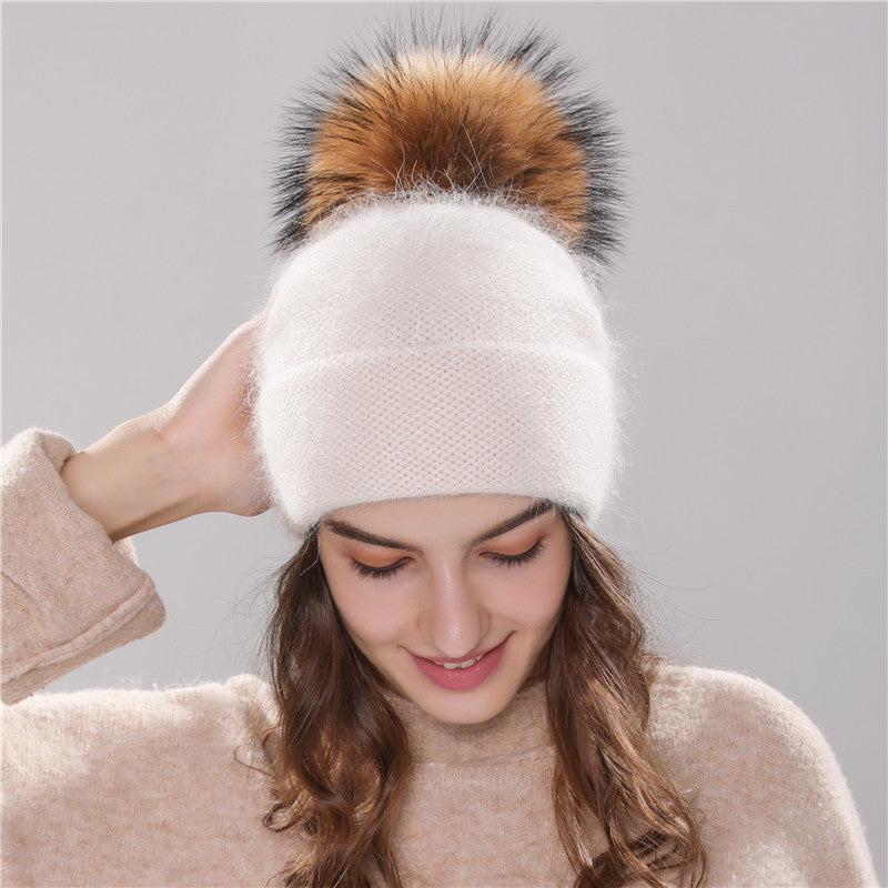 Bonnet en fourrure de lapin angora pour fille - Chapeau d'hiver pour femme