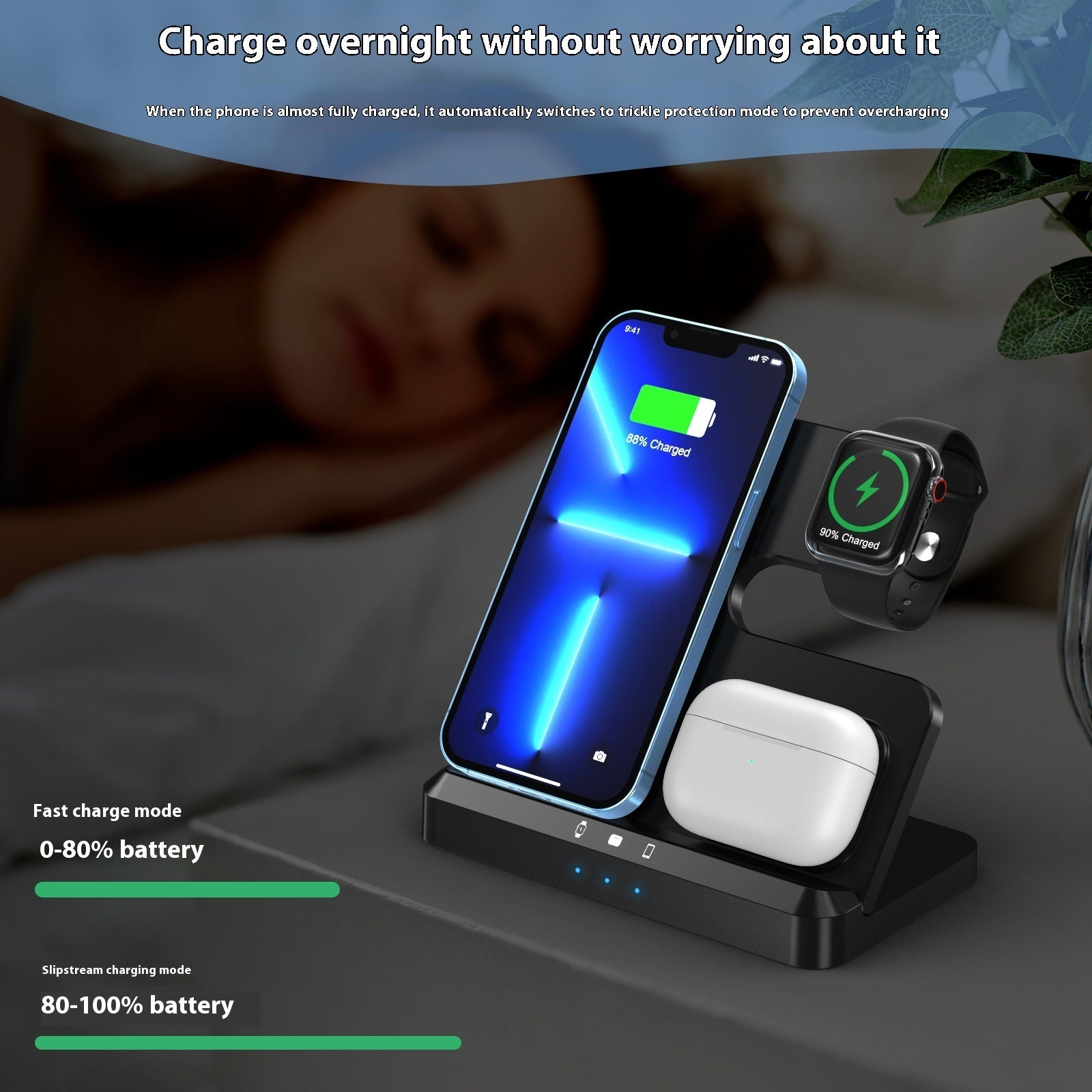 Chargeur sans fil pliable trois-en-un pour téléphone portable, montre et appareils électriques