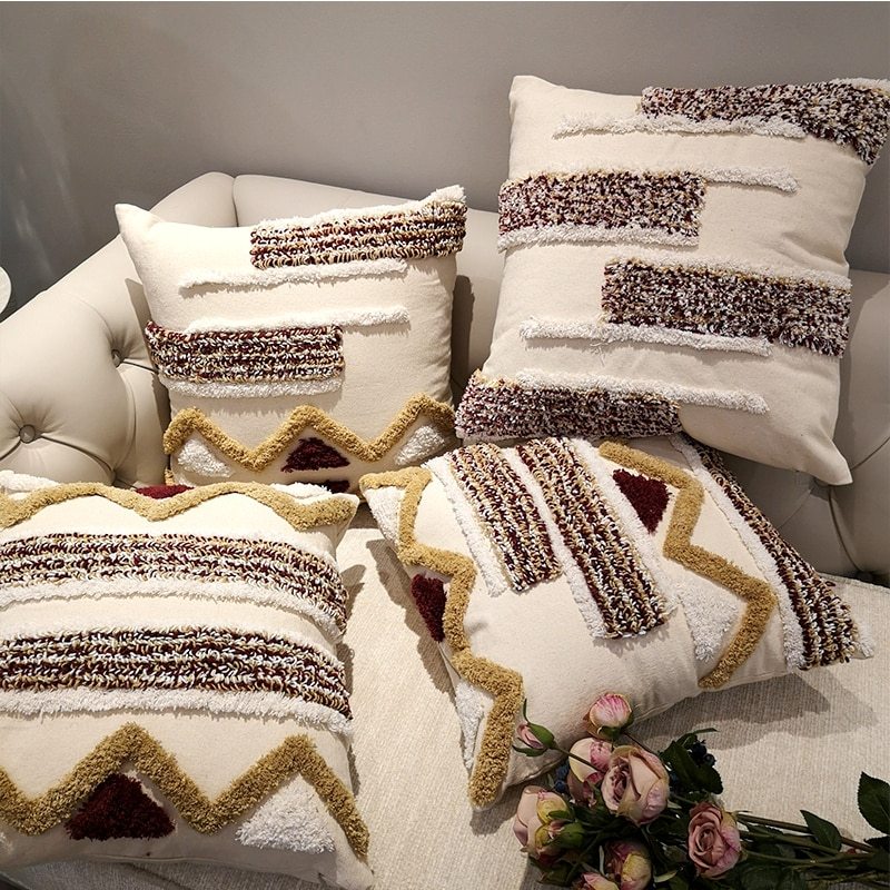 Moroccan style Cushion Cover Pillow Case Luxury Handmade Geometric Stripe Brown For Sofa Bed Home Decorative Canvas 45x45cm
