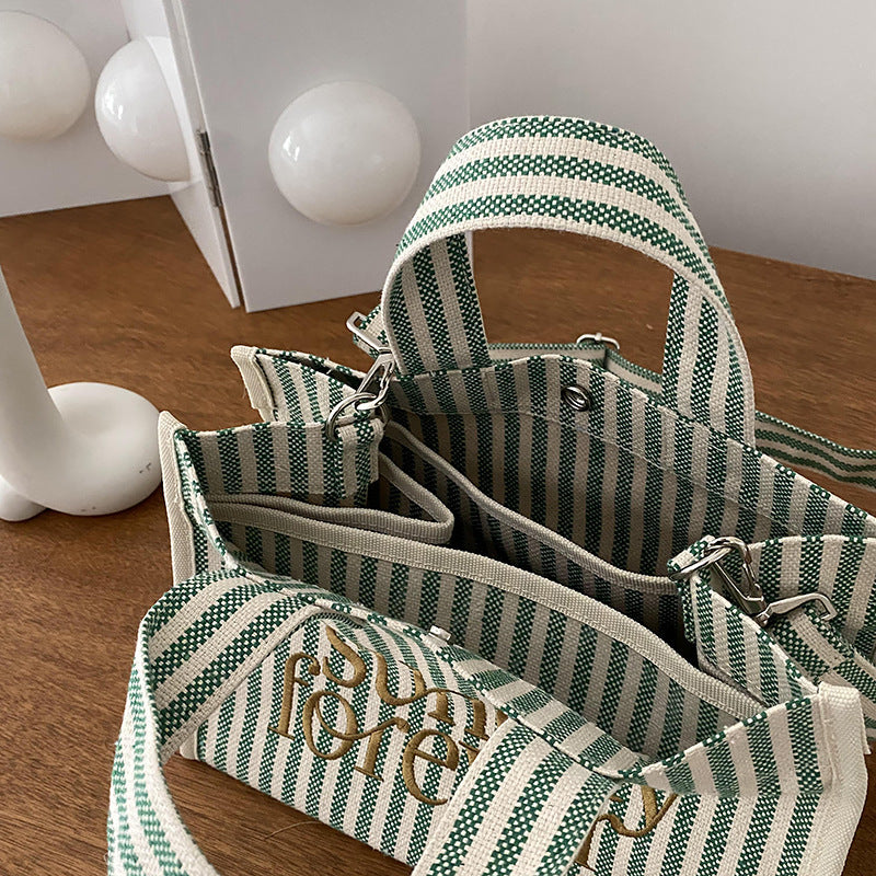 Large Capacity Tote Shoulder Bag Student Bag Striped Canvas Bag