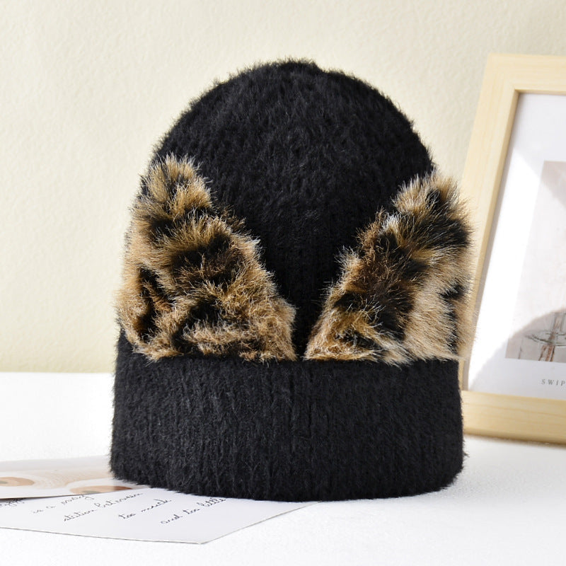 New Leopard Print Cat Ear Stretch Knitted Woolen Hat