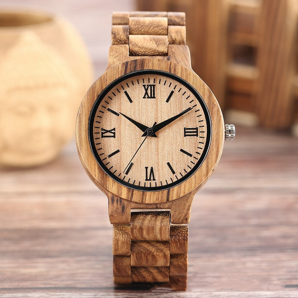 Montre à chiffres romains en bambou et bois massif, bracelet en bois
