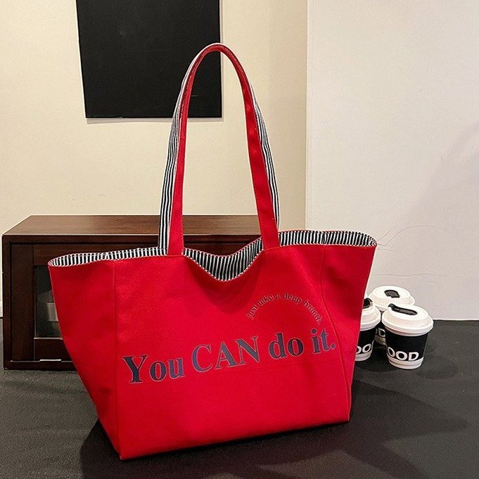 Large Capacity Tote Double-sided New Striped Casual One-shoulder Texture Embroidered Canvas Bag