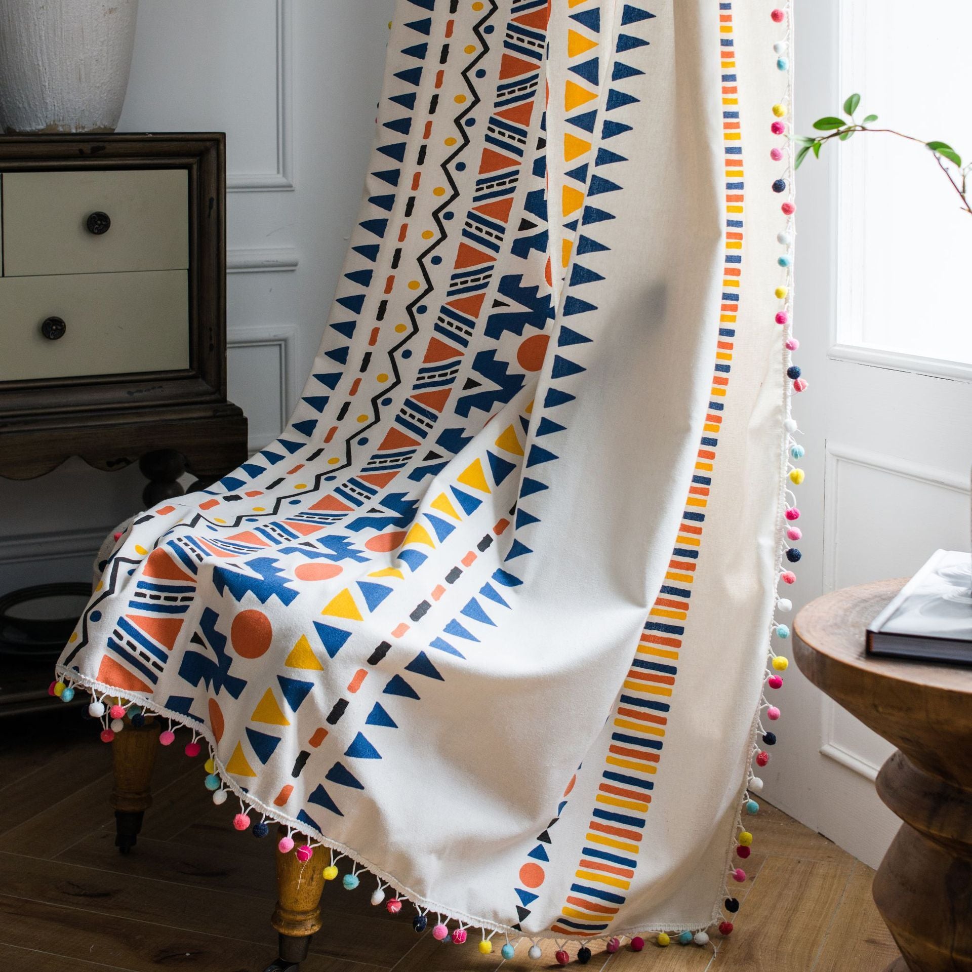 Curtain Cotton And Linen Printed Colorful Fur Ball Bohemian Style Country