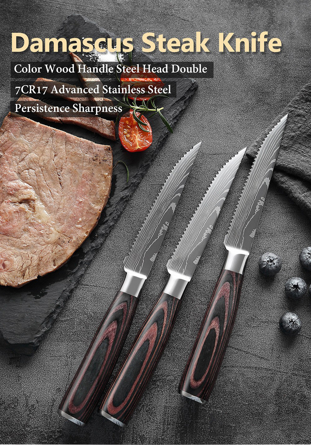 Western Steak Knife Damascus Pattern Stainless Steel Serrated Knife