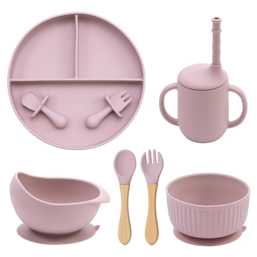 Baby Silicone Cookware Feeding Plate Bowl Set Non-Slip Suction Food Dishes Drinking Cup BPA Free Fork Spoon Children's Tableware