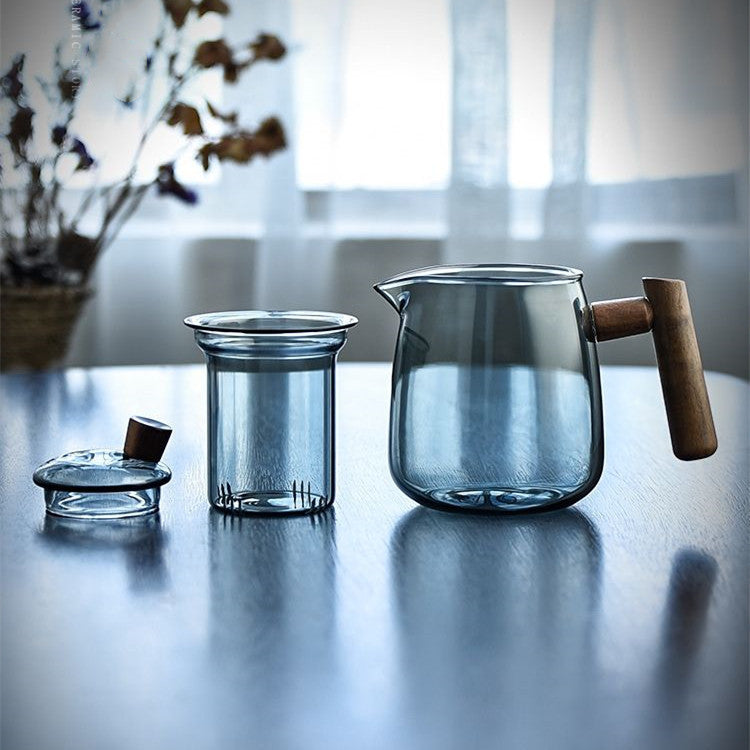 Théière en verre avec séparateur d'eau et poignée en bois de style chinois