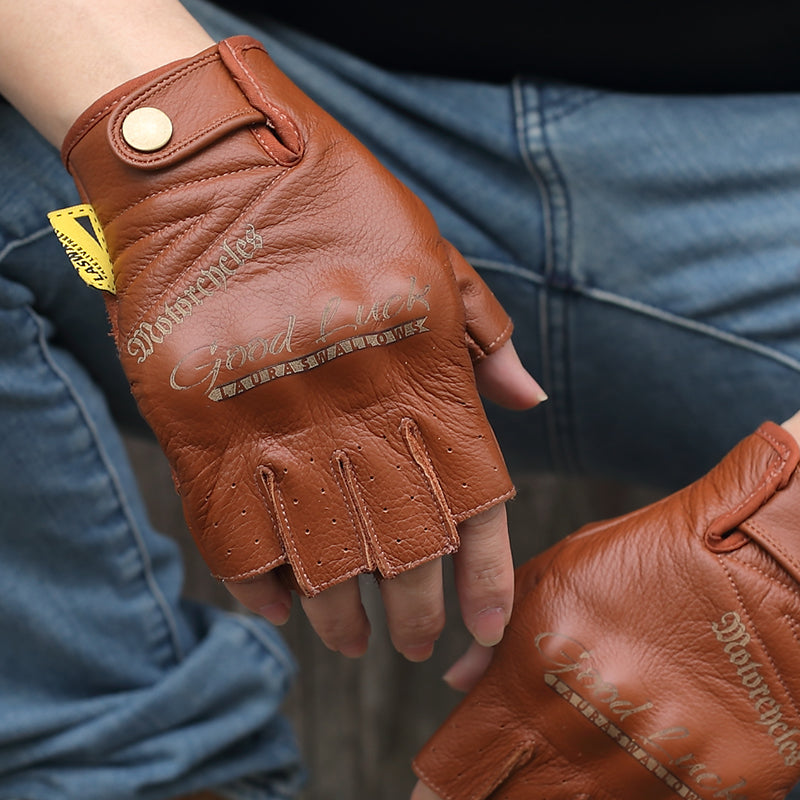 Gants de moto mi-doigts en cuir de vachette première couche jaune