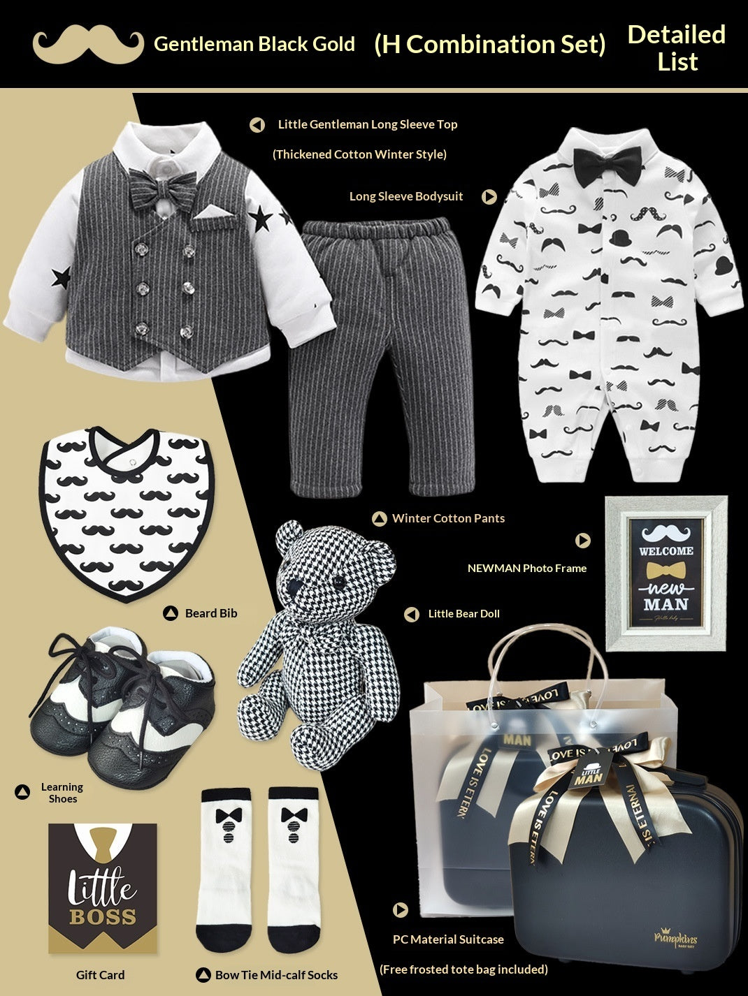 Coffret cadeau haut de gamme pour bébé – Ensemble petit gentleman noir et or