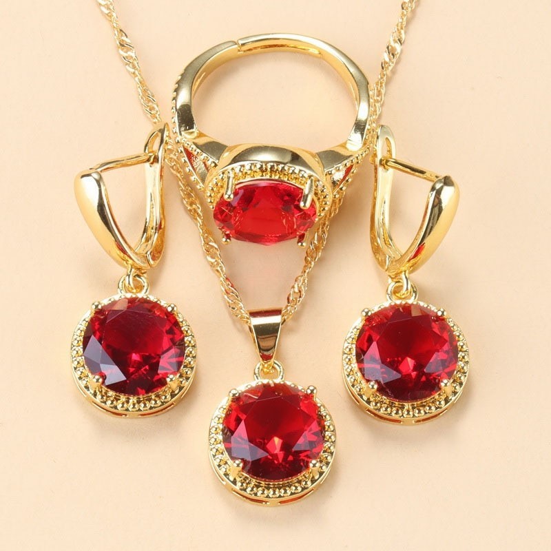 New Earrings Ring Necklace Three-piece Jewelry Set Round Zircon