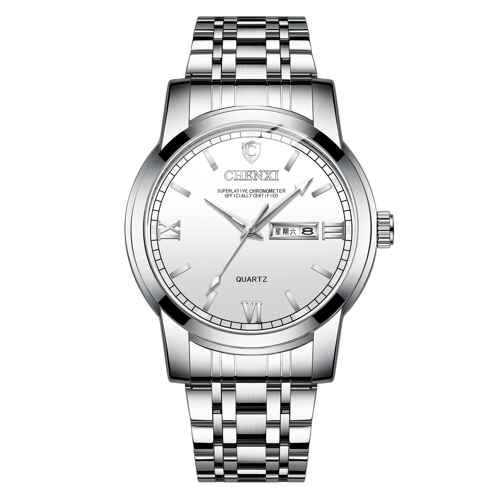 Double Calendar Luminous Waterproof Steel Belt Positive Watch