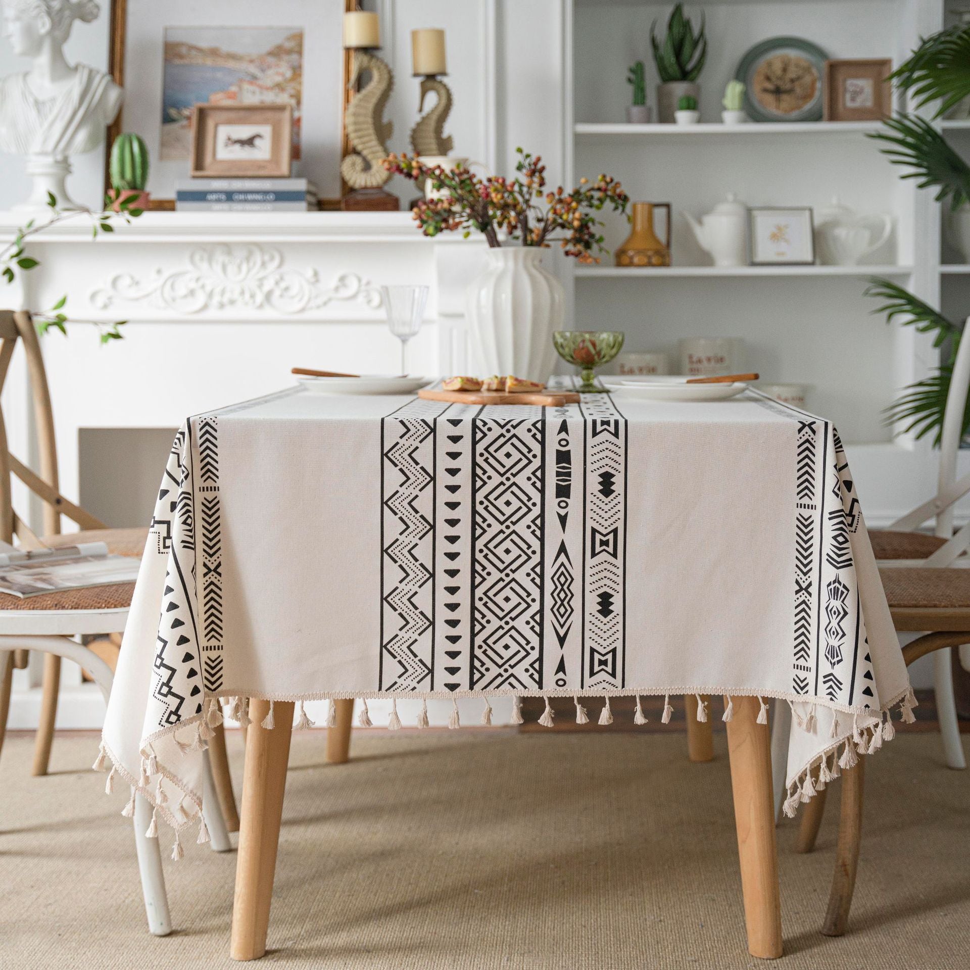 Nappe de table rectangulaire imperméable à pampilles noires géométriques, nappe de table basse ronde, serviette de couverture