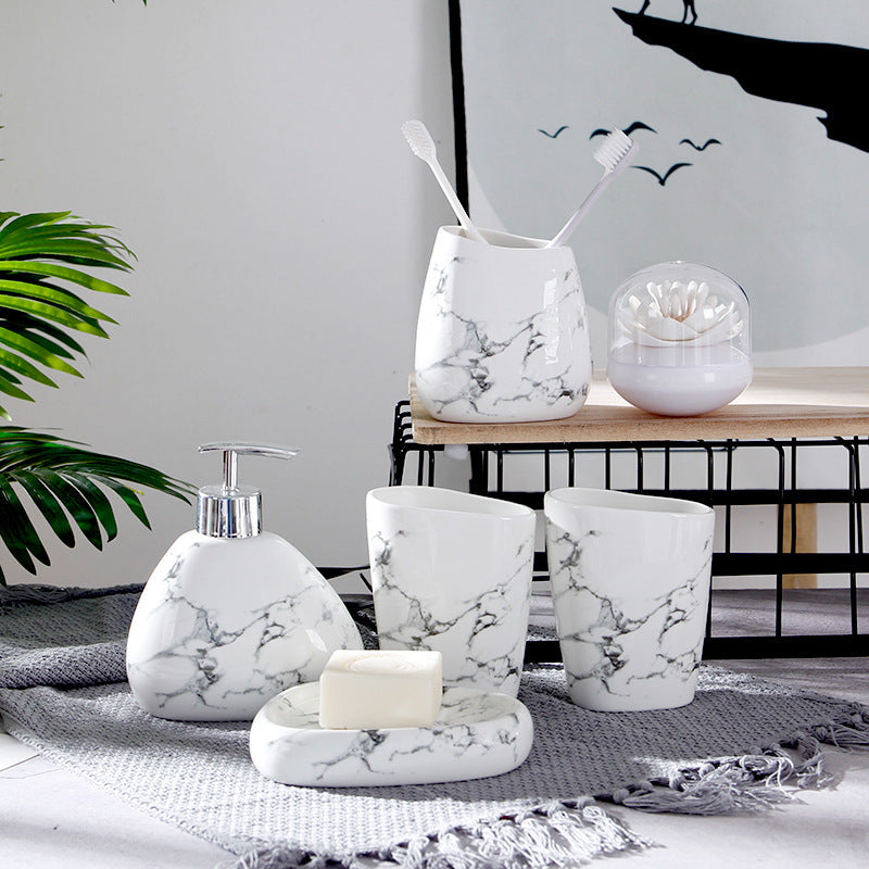 Marble Texture Ceramic Mouthwash Cup Bathroom Set