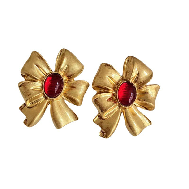 Plain Gold Bowknot Glass Stud Earrings Retro Exaggerated Simple Fashion