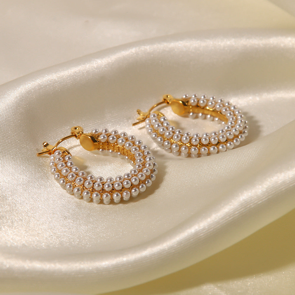Stainless Steel Plated 18K Ring Set With Zircon Pearl Earrings For Women