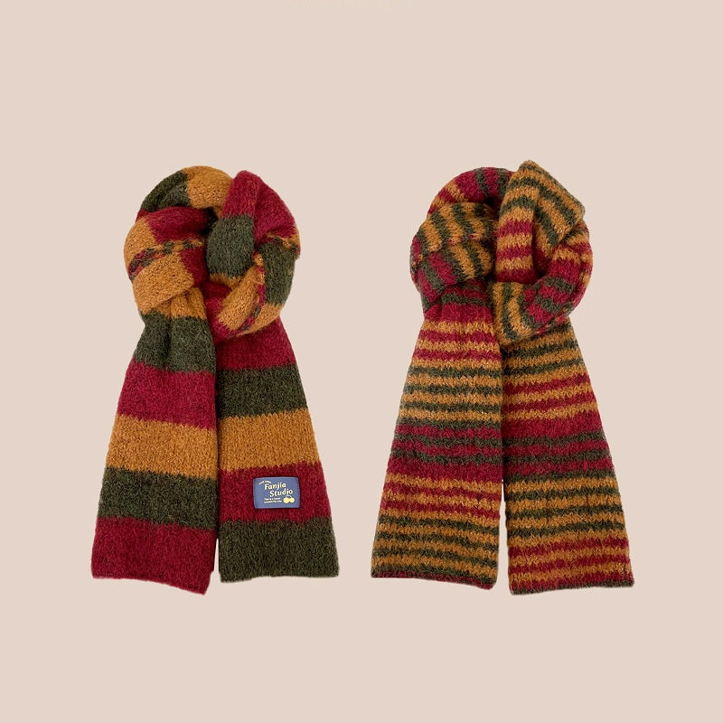Versatile Soft Yarn Dopamine Contrasting Striped Double-sided Scarf For Women