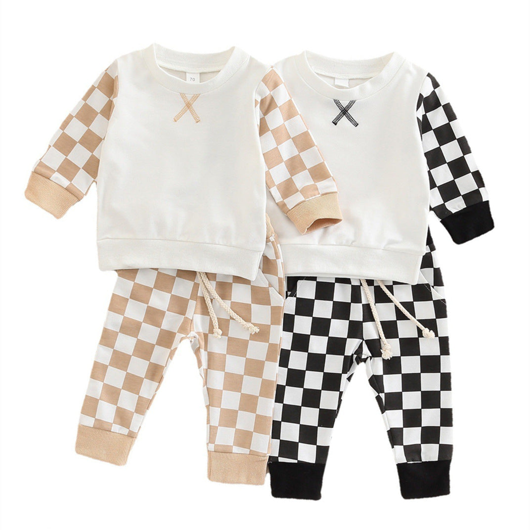 Children's Casual Sweater Suit Checkerboard Long Sleeved Trousers