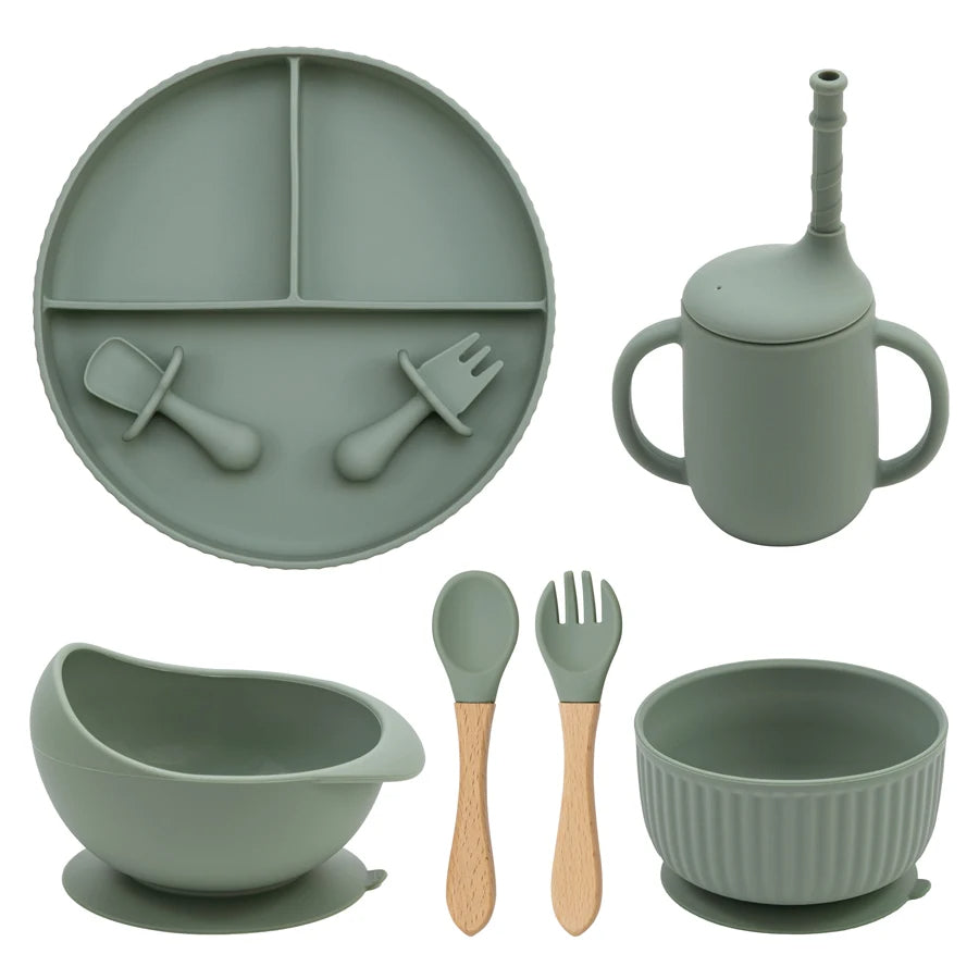 Baby Silicone Cookware Feeding Plate Bowl Set Non-Slip Suction Food Dishes Drinking Cup BPA Free Fork Spoon Children's Tableware