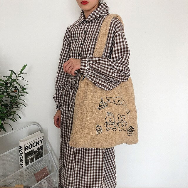 Plush Embroidery Large Capacity Leisure Shopping Bag