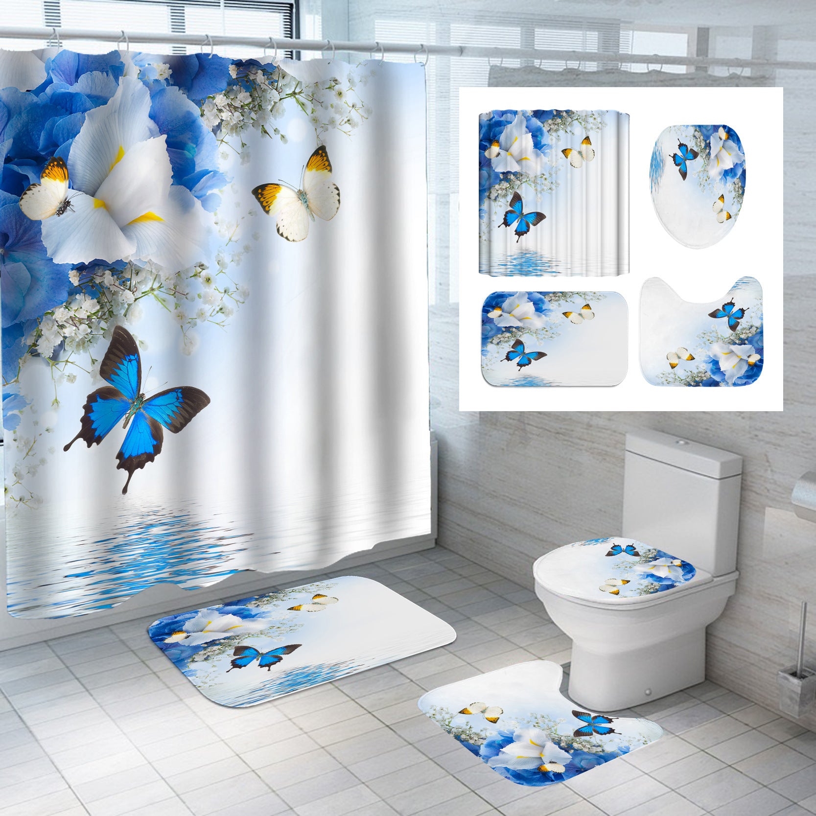 Digital Printing Polyester Shower Curtain Bathroom Pansy Reflection