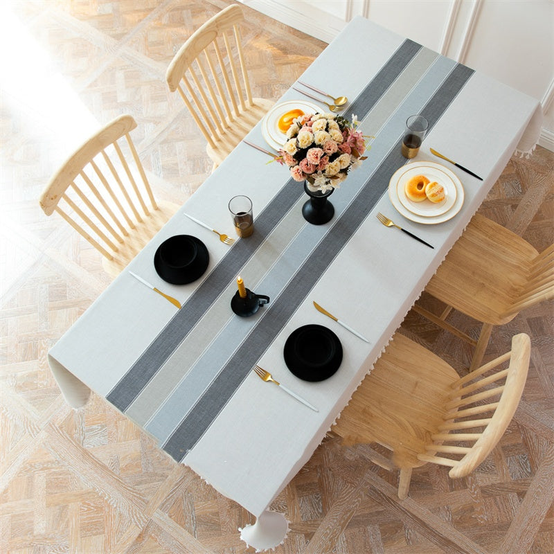Home Simple Fabric Striped Tassel Chinese Cotton Linen Tablecloth