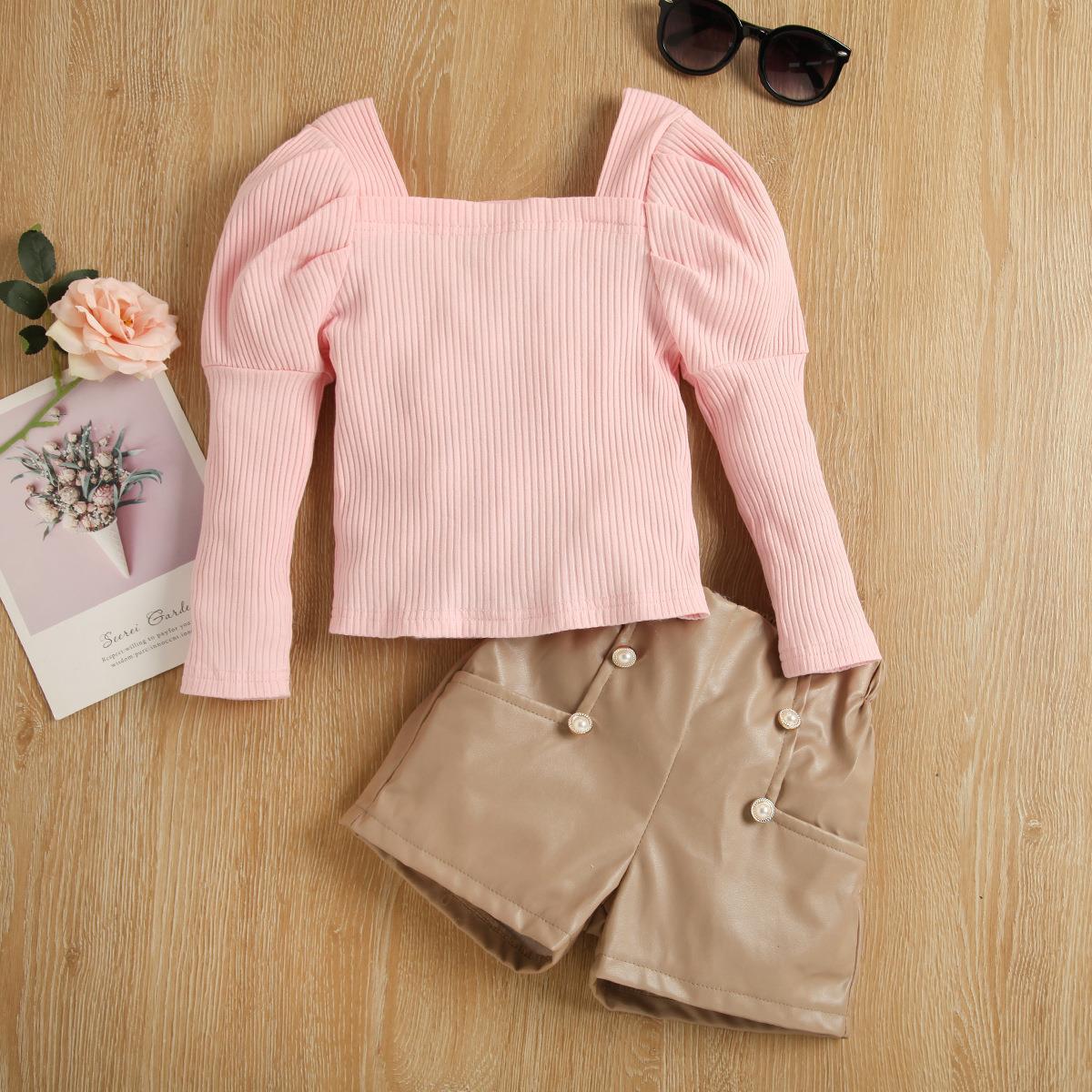 Girls' Bubble Long Sleeve Cotton Sunken Stripe Top Light Coffee Color Leather Pants Suit