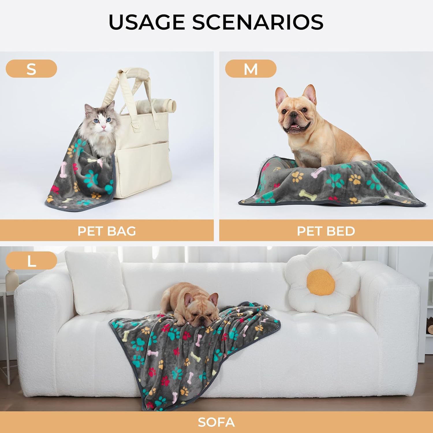 Couverture pour animaux de compagnie Couverture chaude pour chien et chat Motifs confettis, os et pattes de chien