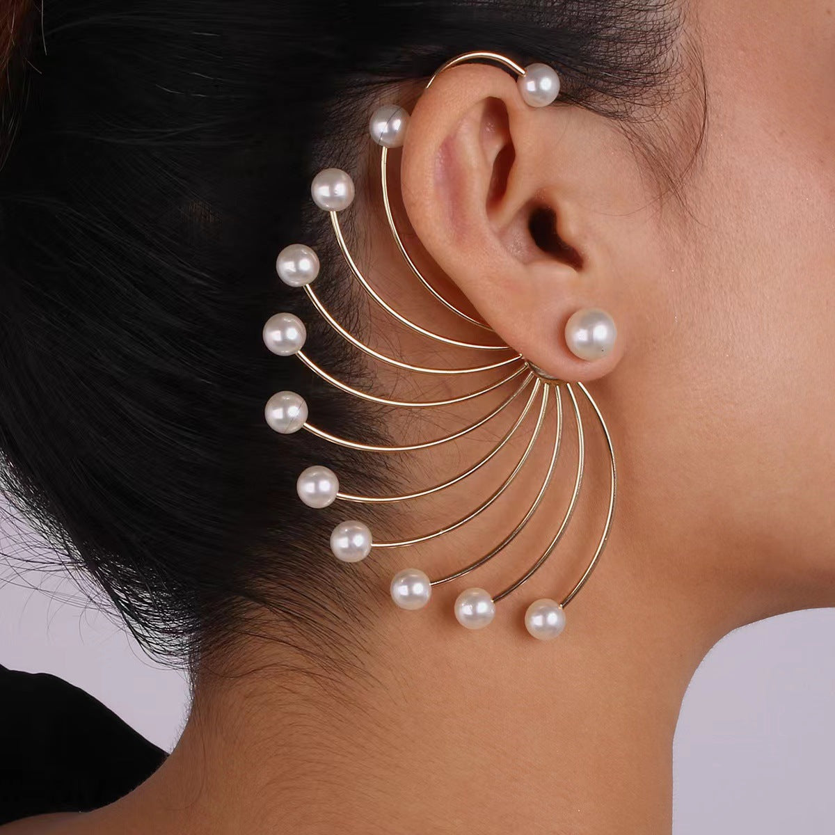 Boucles d'oreilles pendantes fantaisie éventail avec perles artificielles pour femme