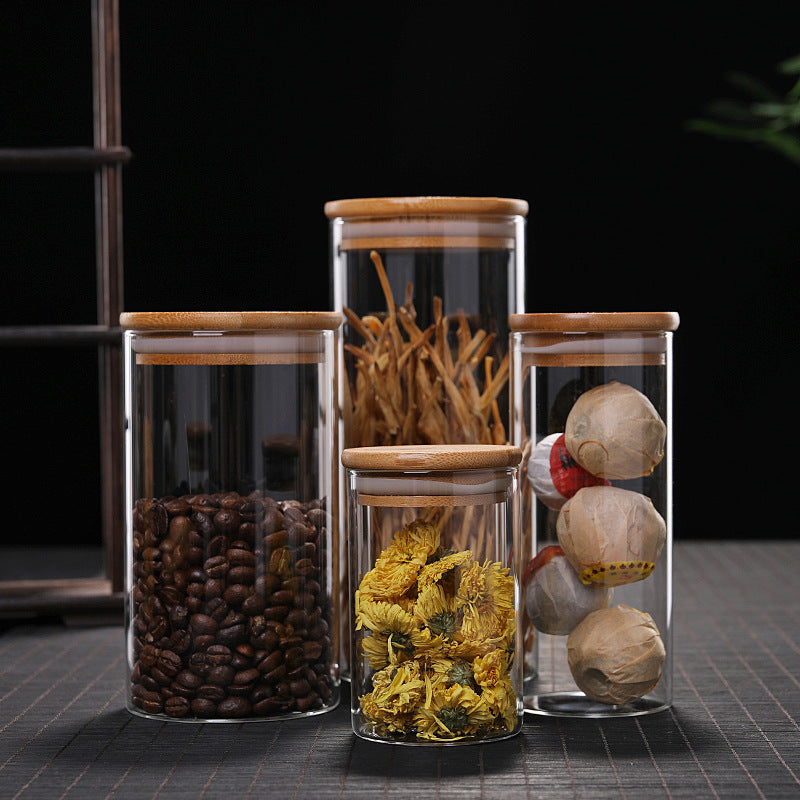 Bocal de cuisine pour le stockage des aliments Récipients ronds en verre borosilicate de haute qualité avec couvercle en bambou