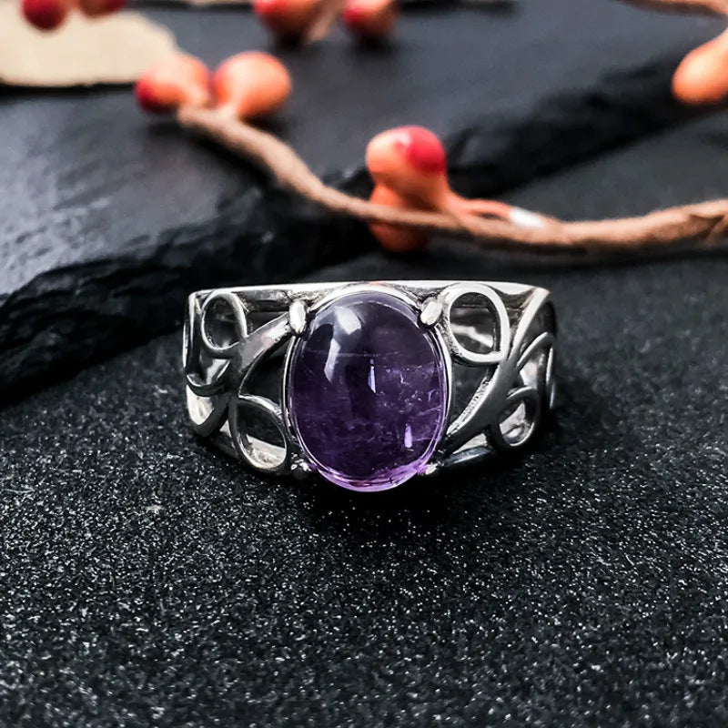 Retro Natural Gemstone Ring Hollow Pattern Ring