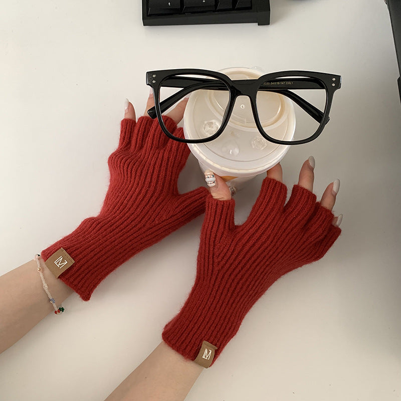 Knitted Wool Half Finger Gloves Solid Color