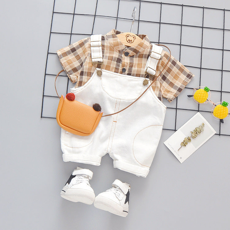 Children's two-piece stand-collar plaid shirt
