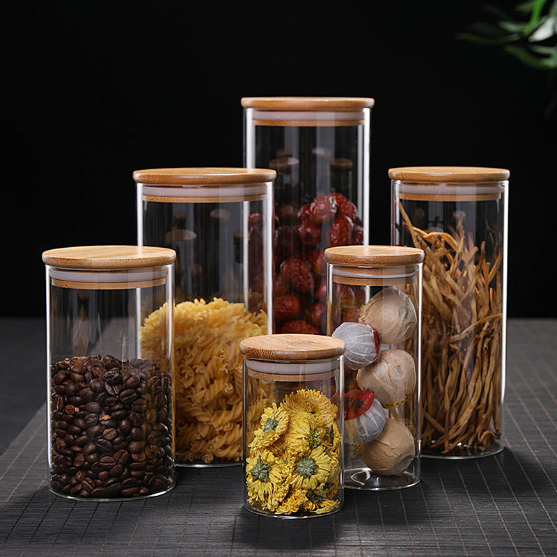 Bocal de cuisine pour le stockage des aliments Récipients ronds en verre borosilicate de haute qualité avec couvercle en bambou