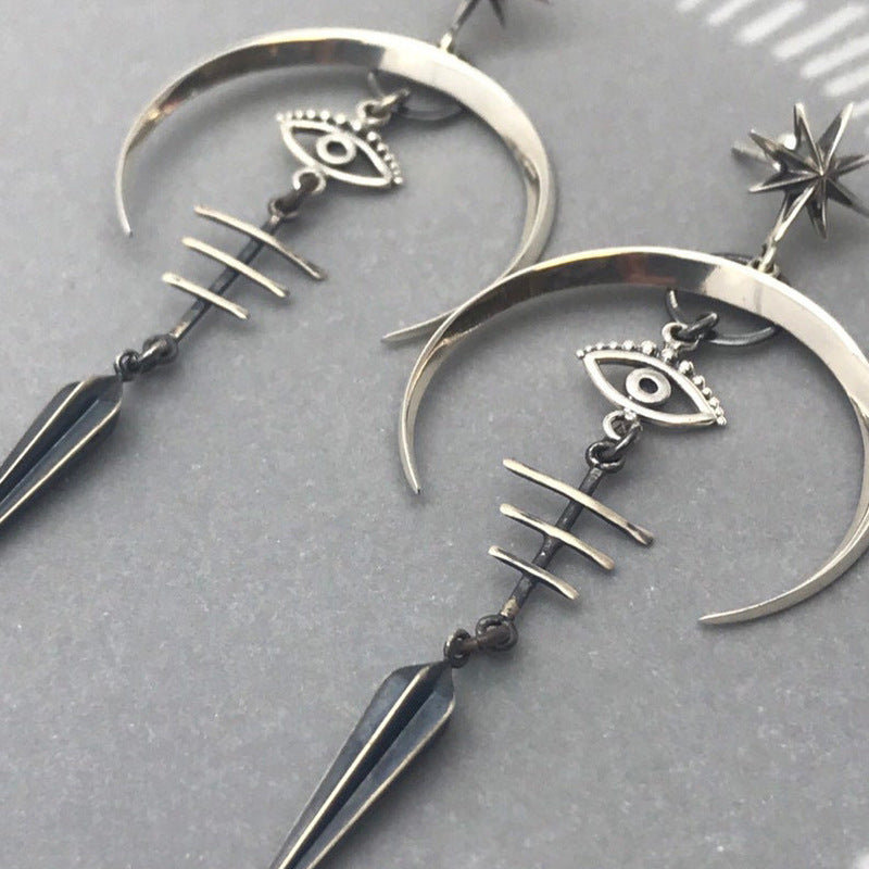 Boucles d'oreilles gothiques œil de diable style punk, accessoires d'Halloween, longue lune en métal argenté antique