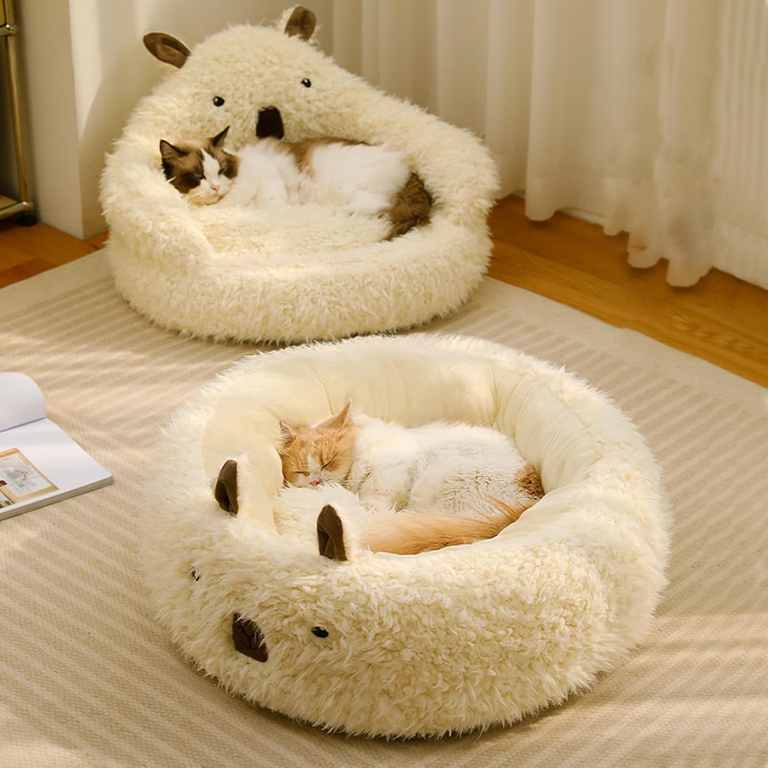 Lit pour animaux de compagnie Alpaga pour petits, moyens et grands chiens et chats, lit apaisant pour chien, lits pour chats avec coussinets en peluche détachables, fond antidérapant, bords surélevés, litière pour chat, nid chaud d'hiver blanc