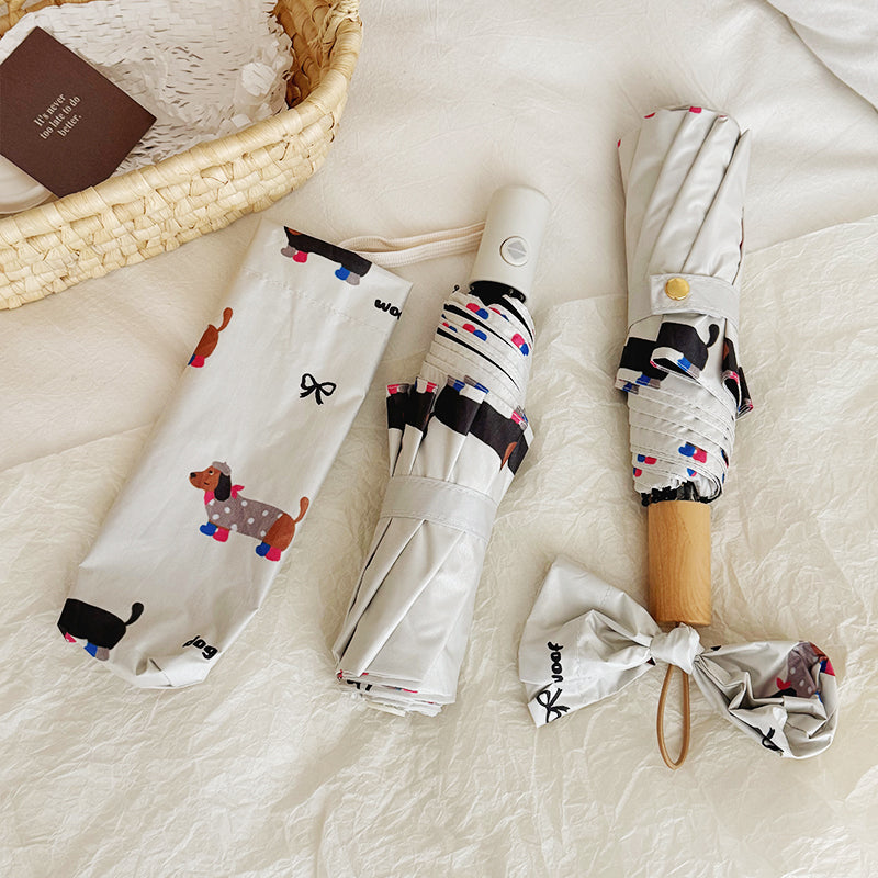 Cartoon Bow Sausage Dog Automatic Umbrella