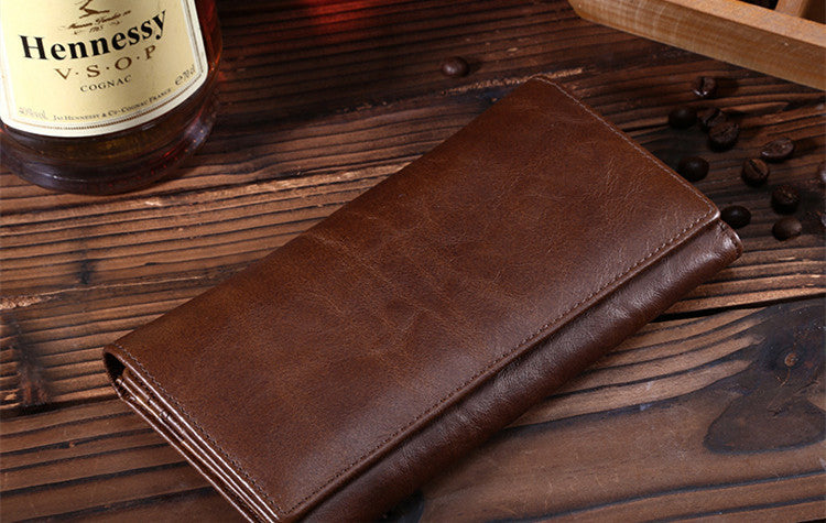 Portefeuille long en cuir de première couche ciré vintage