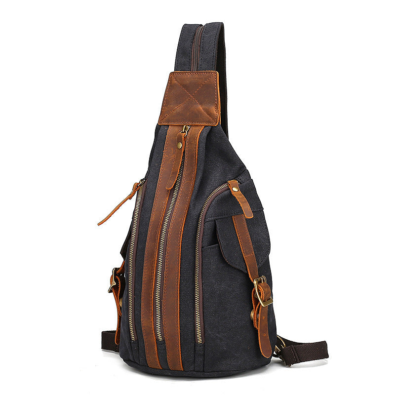 Sac de poitrine rétro pour homme en cuir crazy horse et toile, sac multifonctionnel à bandoulière unique, sac à dos européen et américain pour homme