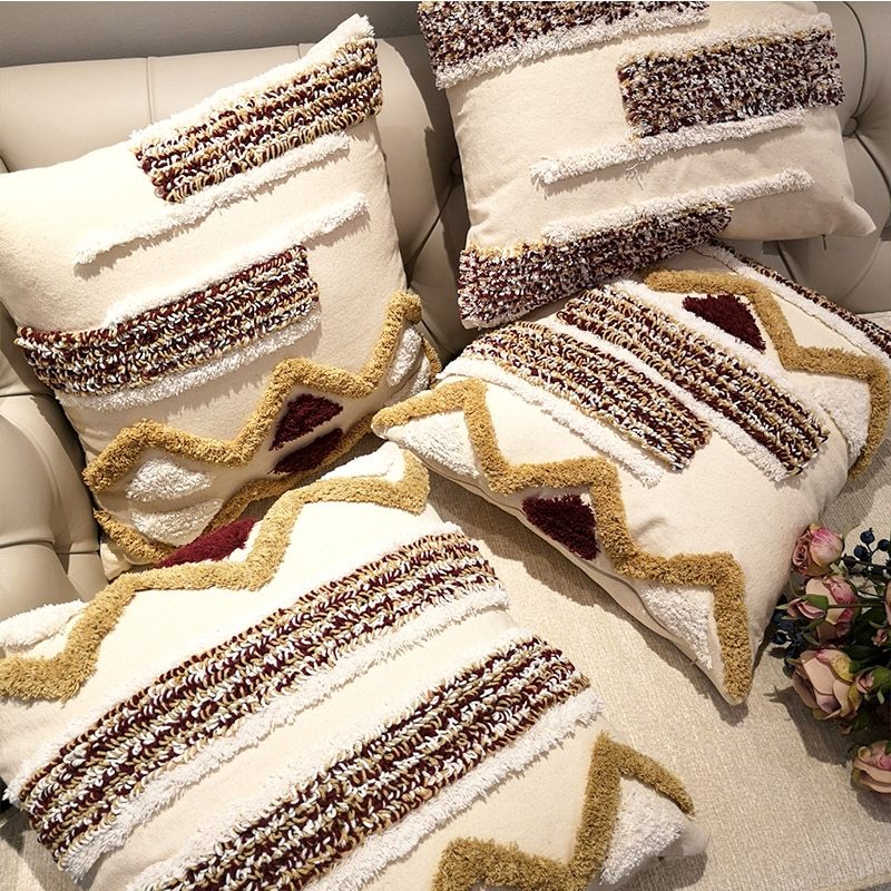 Moroccan style Cushion Cover Pillow Case Luxury Handmade Geometric Stripe Brown For Sofa Bed Home Decorative Canvas 45x45cm