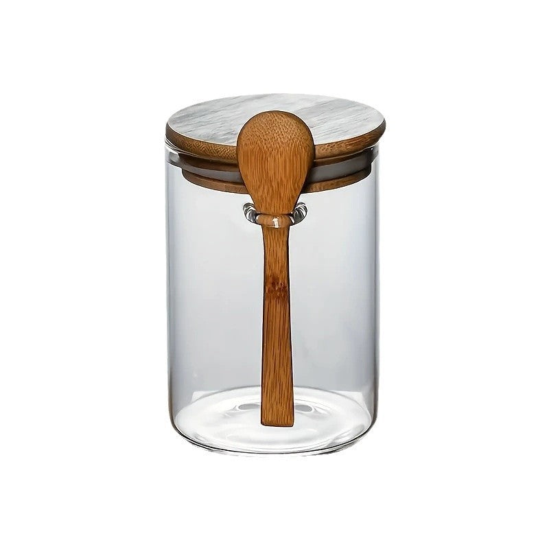 Pot de yaourt et flocons d'avoine avec cuillère et couvercle, pot de conservation en verre