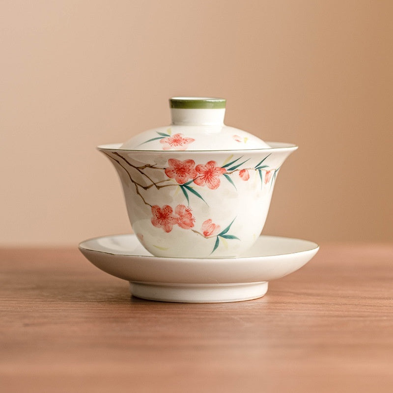 Hand Painted Peach Blossom Sancai Gaiwan Tea Cup