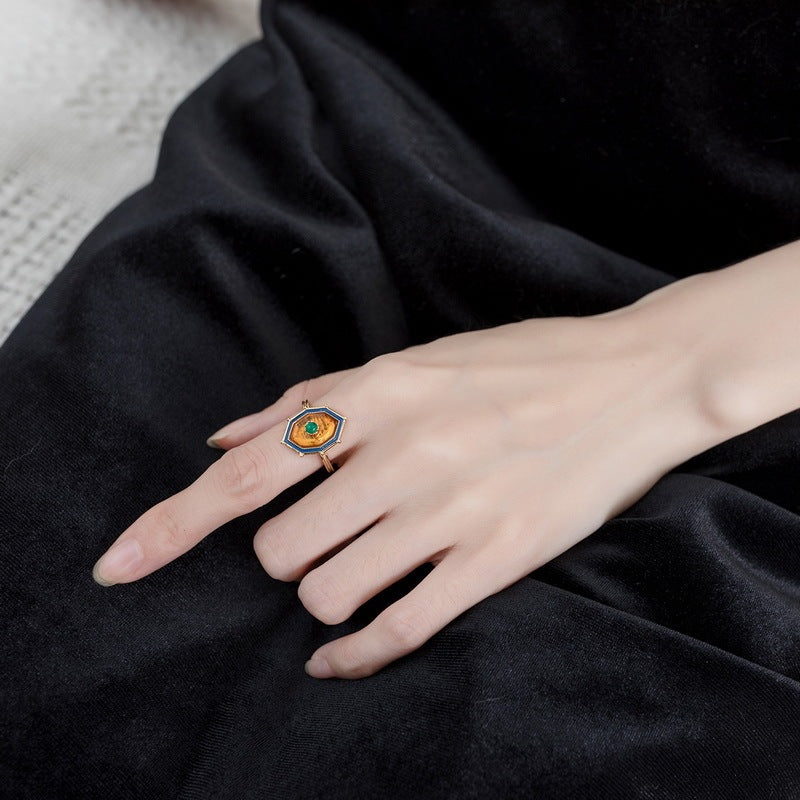 Natural Amber Ring Ethnic Style Sterling Silver