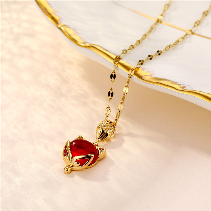 Red Pendant Little Fox Necklace With Zircon