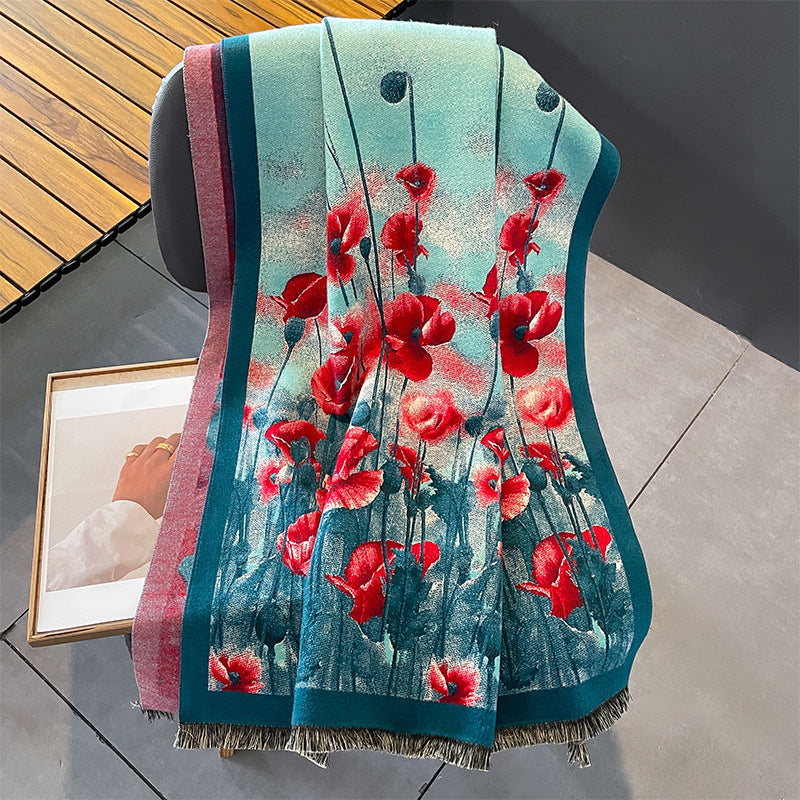 Foulard Femme Cachemire Artificiel Fleurs Peinture à l'Huile